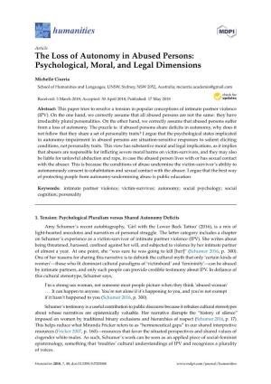 The Loss of Autonomy in Abused Persons: Psychological, Moral, and Legal Dimensions