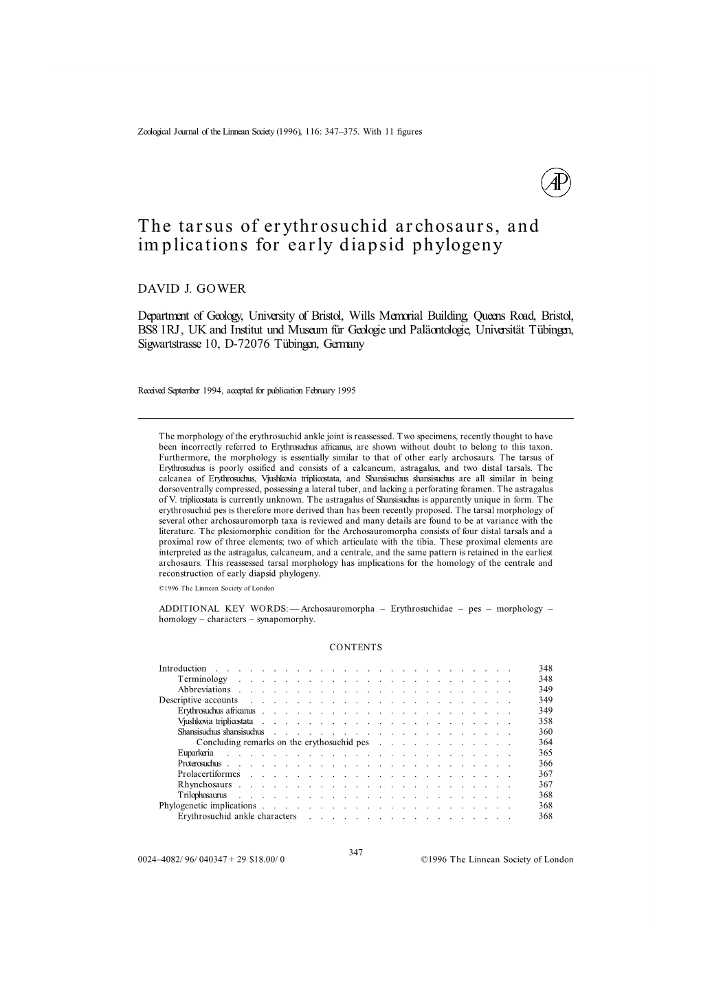 The Tarsus of Erythrosuid Archosaurs, and Implications for Early Diapsid