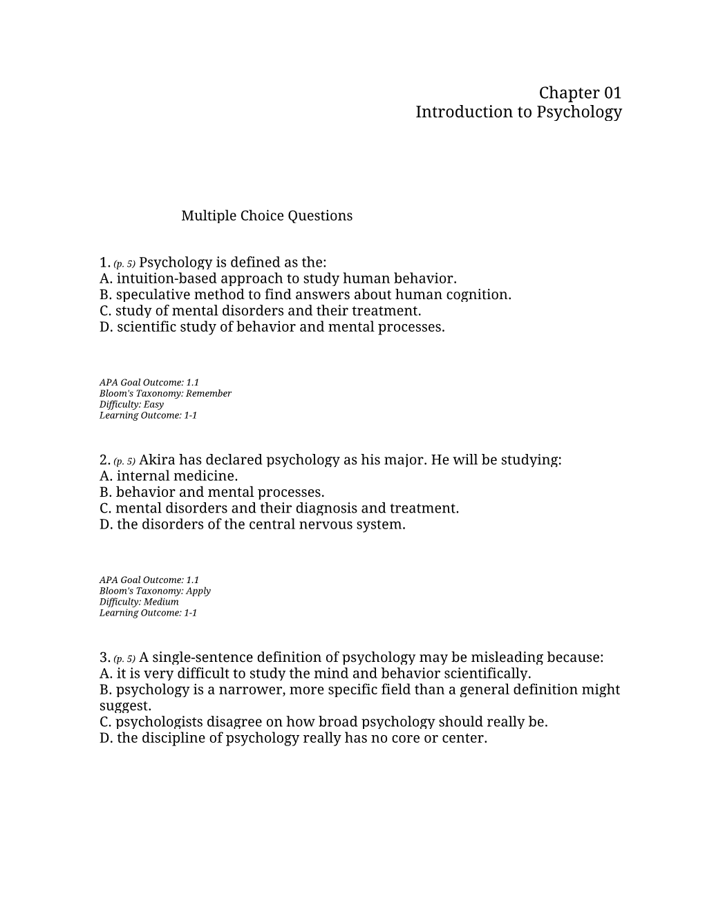 Chapter 01 Introduction to Psychology