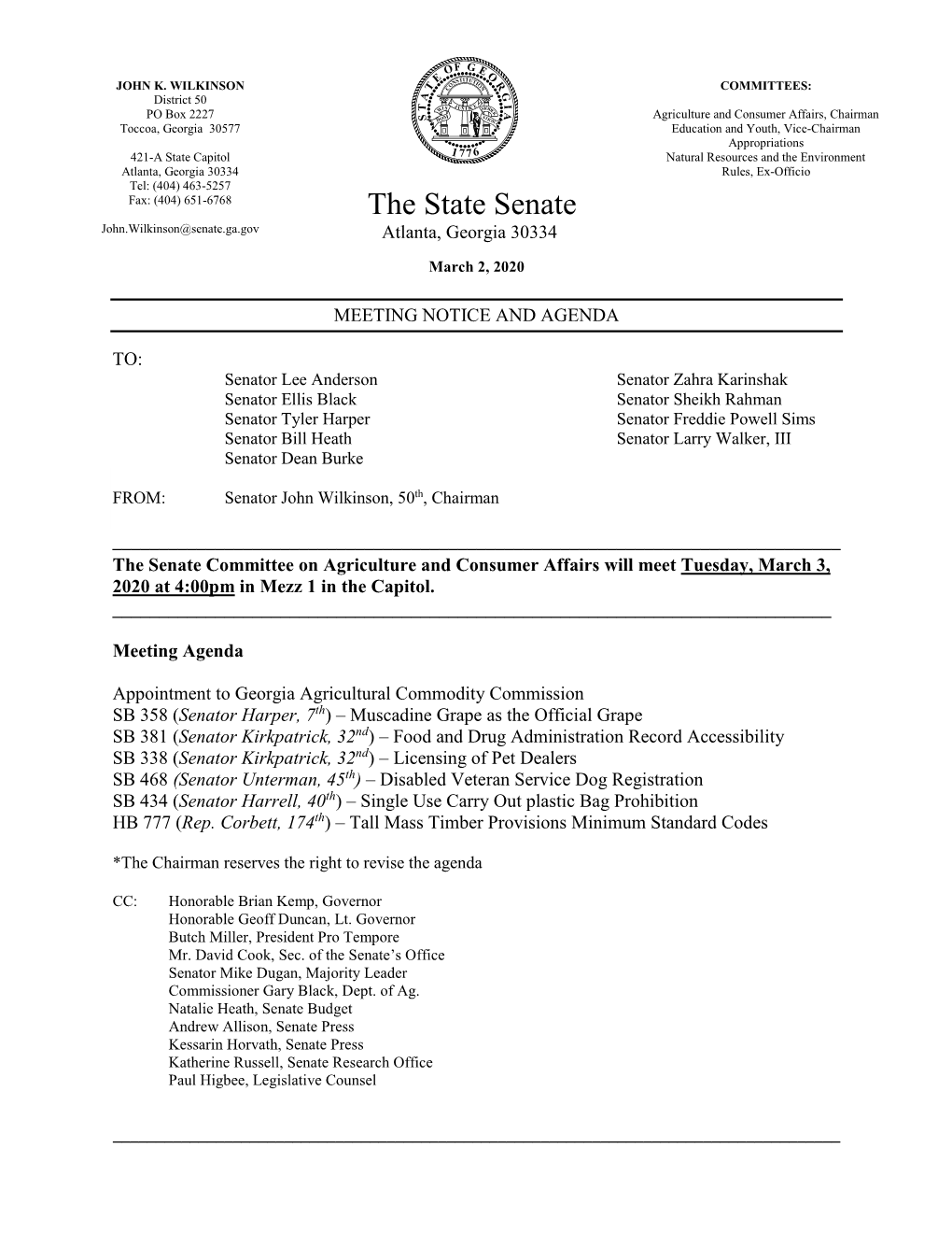 The State Senate John.Wilkinson@Senate.Ga.Gov Atlanta, Georgia 30334