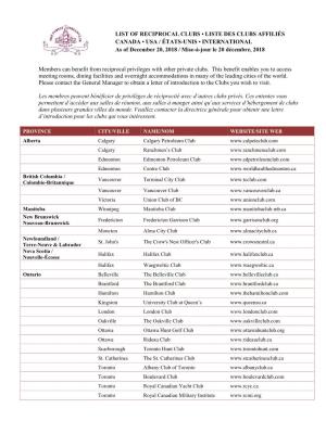 LIST of RECIPROCAL CLUBS • LISTE DES CLUBS AFFILIÉS CANADA • USA / ÉTATS-UNIS • INTERNATIONAL As of December 20, 2018 / Mise-À-Jour Le 20 Décembre, 2018