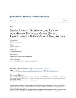 Species Richness, Distribution, and Relative Abundance of Freshwater Mussels (Bivalvia: Unionidae) of the Buffalo National River, Arkansas M