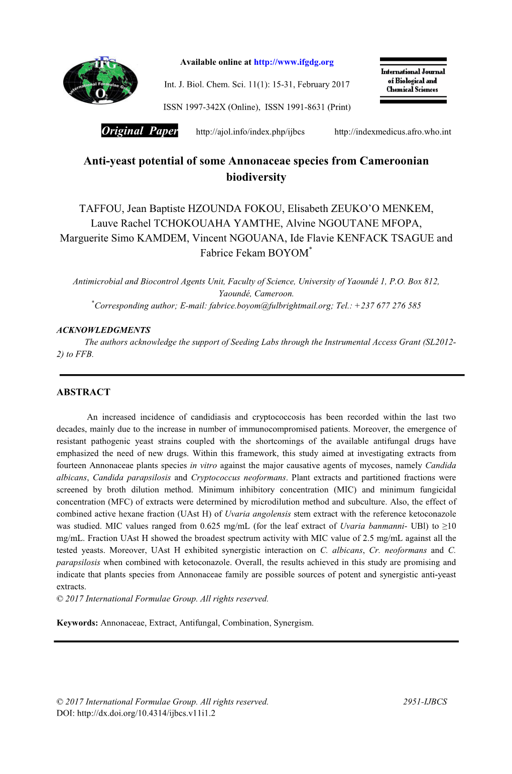 Original Paper Anti-Yeast Potential of Some Annonaceae Species From