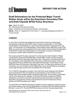 Draft Delineations for the Protected Major Transit Station Areas Within the Downtown Secondary Plan and Draft Citywide MTSA Policy Directions