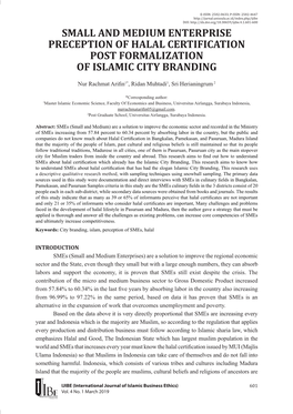 Small and Medium Enterprise Preception of Halal Certification Post Formalization of Islamic City Branding