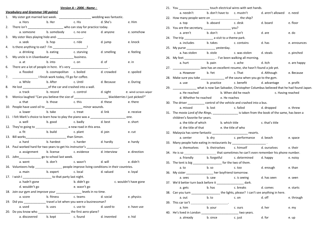 Vocabulary and Grammar (40 Points)