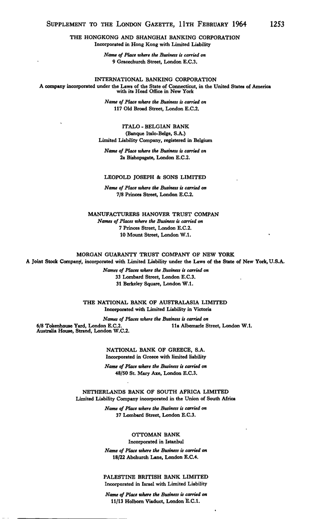 Supplement to the London Gazette, Hth February 1964 1253 the Hongkong and Shanghai Banking Corporation