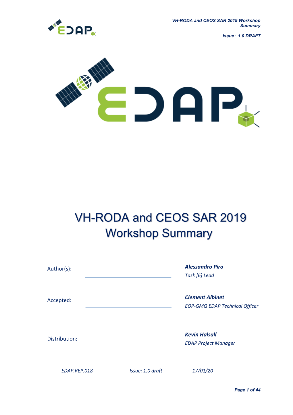 VH-RODA and CEOS SAR 2019 Workshop Summary