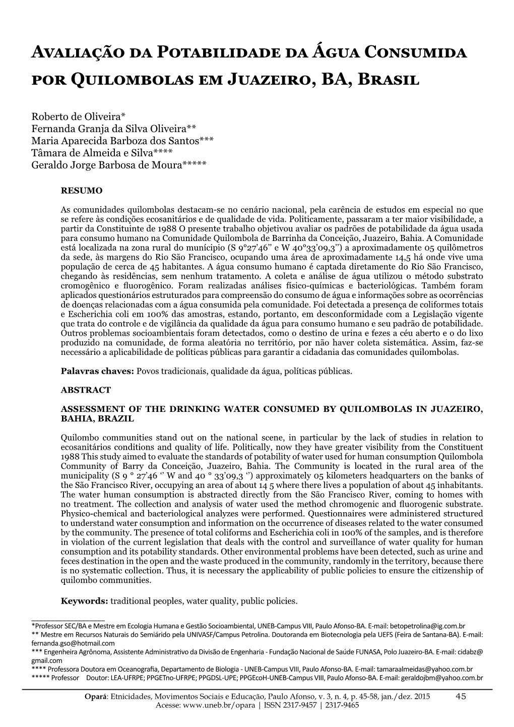 Avaliação Da Potabilidade Da Água Consumida Por Quilombolas Em Juazeiro, BA, Brasil