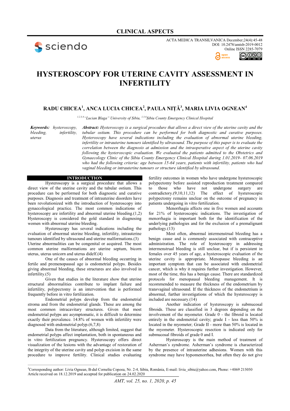 Hysteroscopy for Uterine Cavity Assessment in Infertility