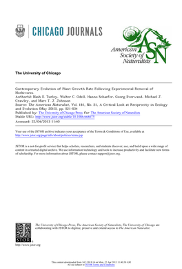 Contemporary Evolution of Plant Growth Rate Following Experimental Removal of Herbivores. Author(S): Nash E