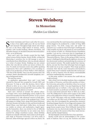 Steven Weinberg in Memoriam Sheldon Lee Glashow