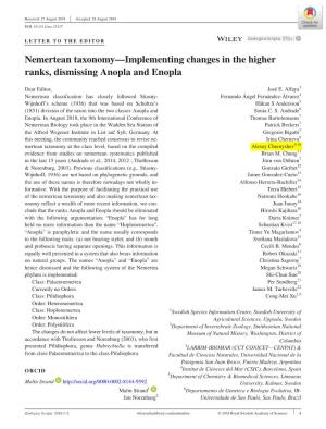 Nemertean Taxonomy—Implementing Changes in the Higher Ranks, Dismissing Anopla and Enopla