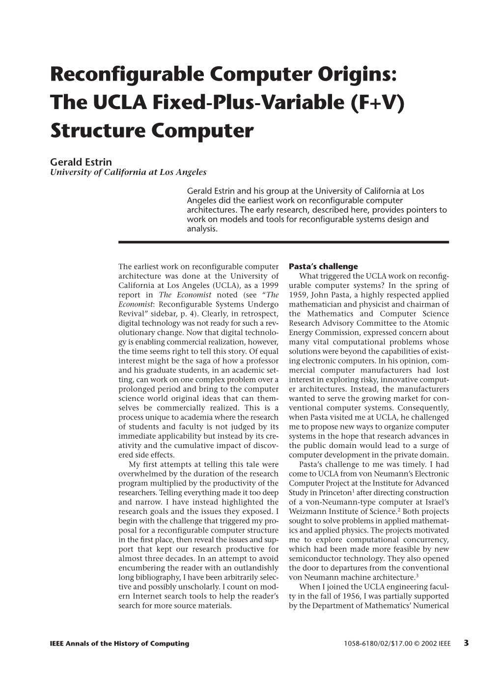 The UCLA Fixed-Plus-Variable (F+V) Structure Computer