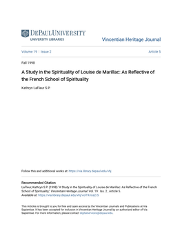 A Study in the Spirituality of Louise De Marillac: As Reflective of the French School of Spirituality