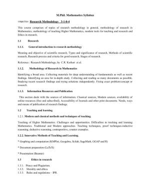 M.Phil. Mathematics Syllabus 17MAT701 Research Methodology
