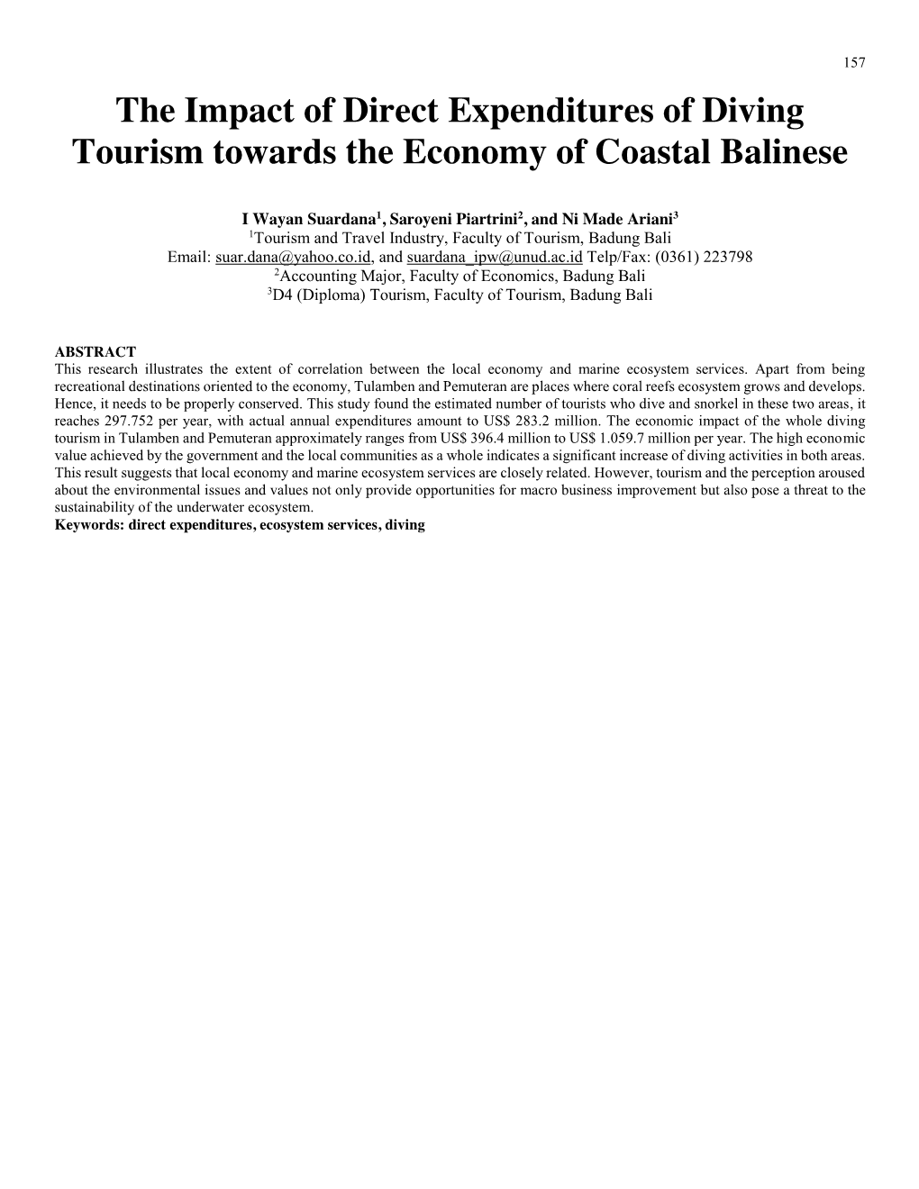 The Impact of Direct Expenditures of Diving Tourism Towards the Economy of Coastal Balinese