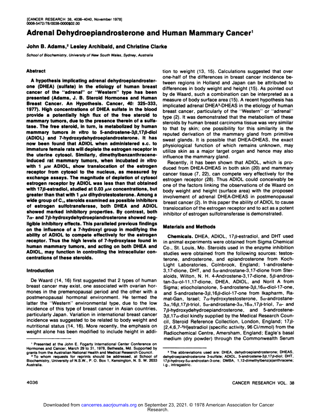 Adrenal Dehydroepiandrosterone and Human Mammary Cancer1