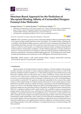 Structure-Based Approach for the Prediction of Mu-Opioid Binding Aﬃnity of Unclassiﬁed Designer Fentanyl-Like Molecules