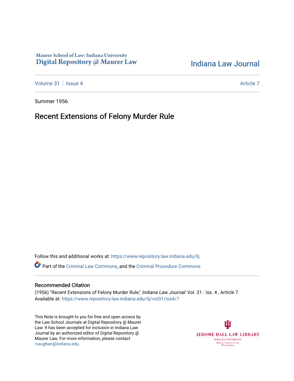 Recent Extensions of Felony Murder Rule