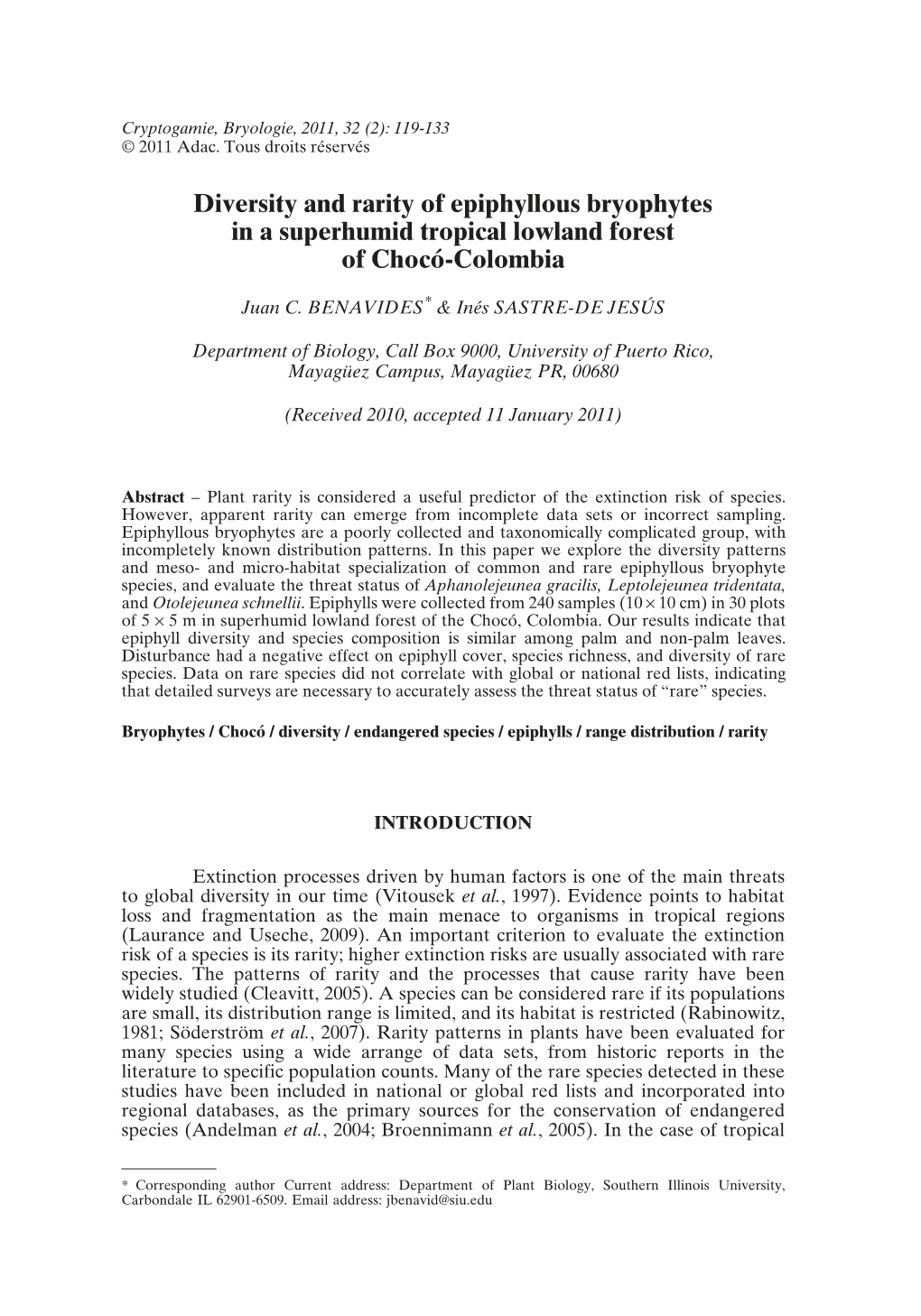 Diversity and Rarity of Epiphyllous Bryophytes in a Superhumid Tropical Lowland Forest of Chocó-Colombia