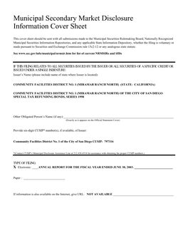 Municipal Secondary Market Disclosure Information Cover Sheet