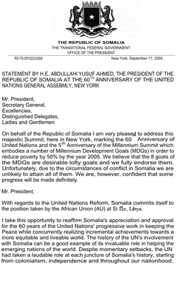 Statement by H.E. Abdullahi Yusuf Ahmed, the President of the Republic of Somalia at the 60 Th Anniversary of the United Nations General Assebmly, New York