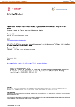 The Toroidal Moment in Condensed-Matter Physics and Its Relation to the Magnetoelectric Effect Spaldin, Nicola A.; Fiebig, Manfred; Mostovoy, Maxim