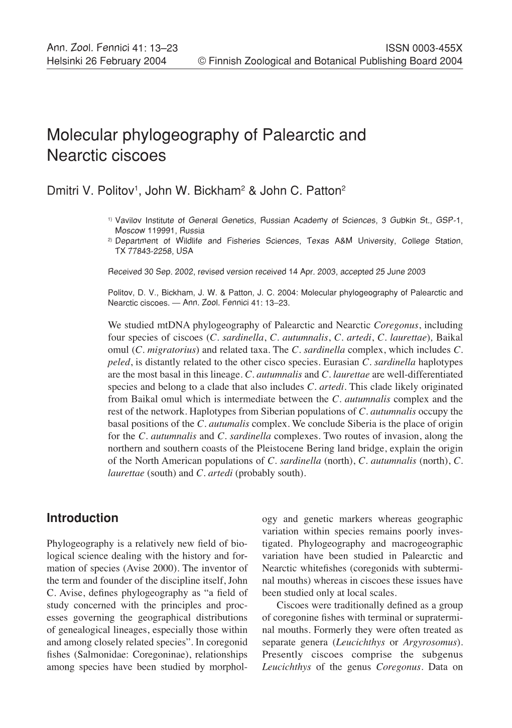 Molecular Phylogeography of Palearctic and Nearctic Ciscoes