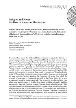 Religion and Power. Problem of American Theocracies