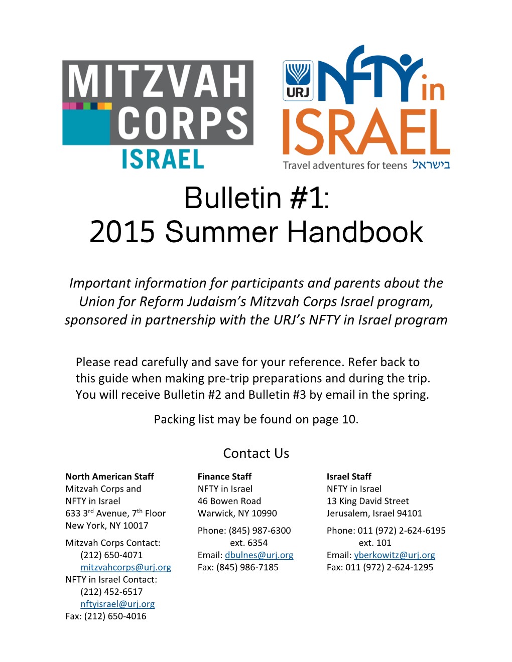 Bulletin #1: 2015 Summer Handbook