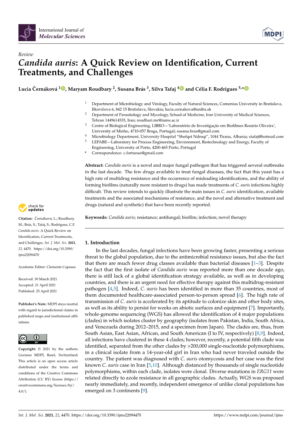 Candida Auris: a Quick Review on Identiﬁcation, Current Treatments, and Challenges