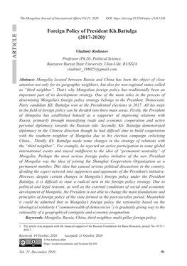 Foreign Policy of President Kh.Battulga (2017-2020) the Mongolian Journal of International Affairs Vol.21, 2020 DOI