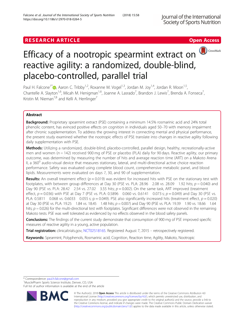 Efficacy of a Nootropic Spearmint Extract on Reactive Agility: a Randomized, Double-Blind, Placebo-Controlled, Parallel Trial Paul H