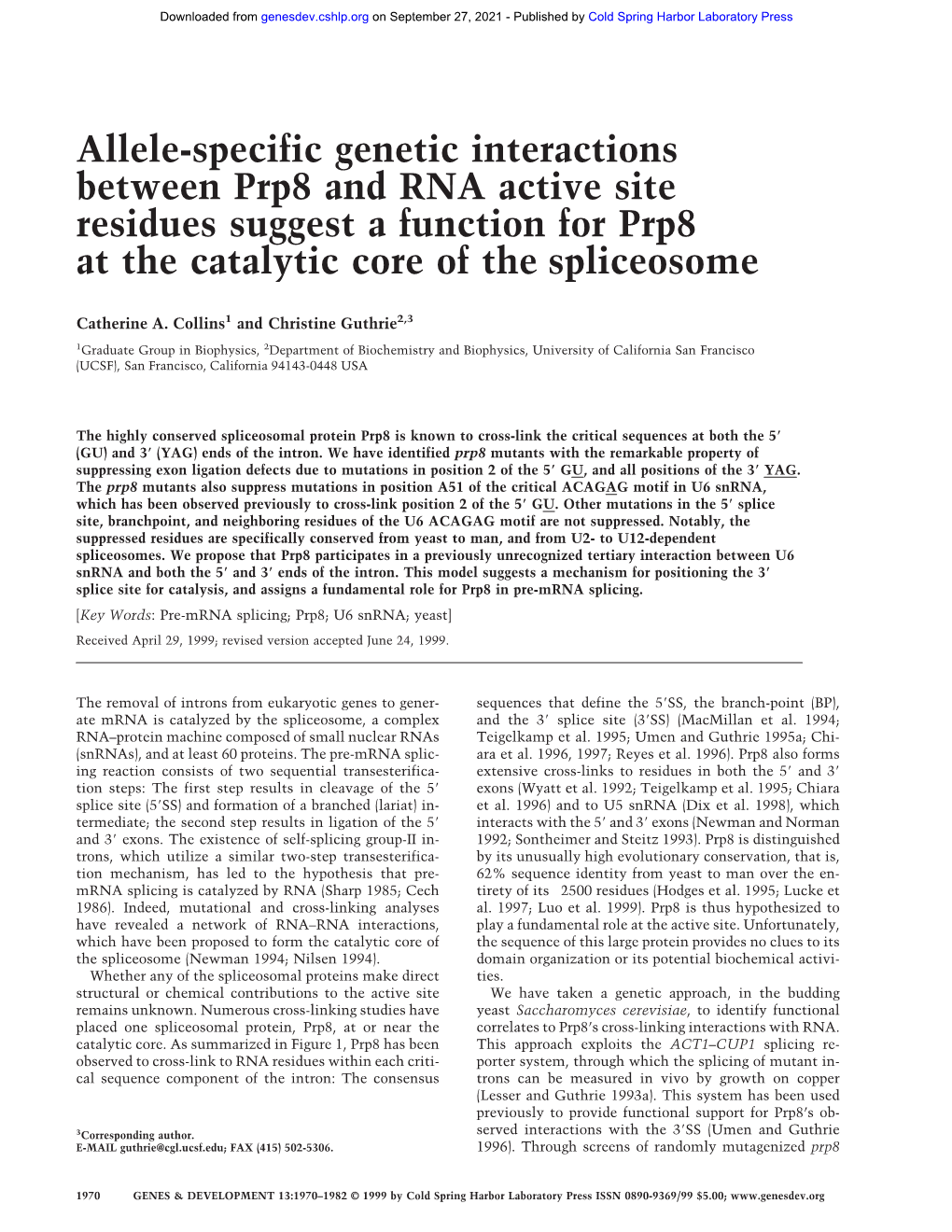 Allele-Specific Genetic Interactions Between Prp8 and RNA Active Site Residues Suggest a Function for Prp8 at the Catalytic Core of the Spliceosome