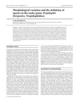Morphological Variation and the Definition of Species in the Snake Genus Tropidophis (Serpentes, Tropidophiidae)