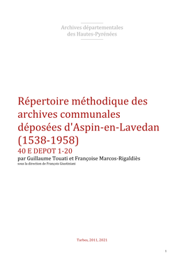 Répertoire Des Archives Déposées D'aspin-En-Lavedan