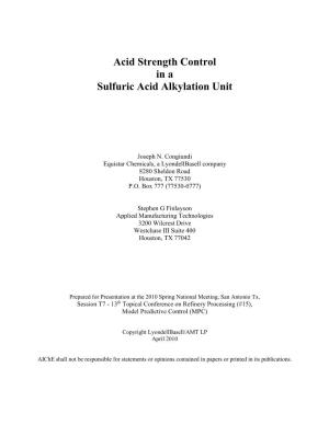 Acid Strength Control in a Sulfuric Acid Alkylation Unit