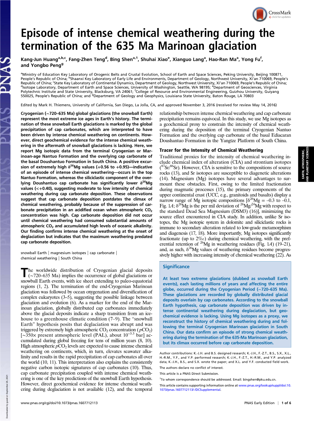 Episode of Intense Chemical Weathering During the Termination of the 635 Ma Marinoan Glaciation