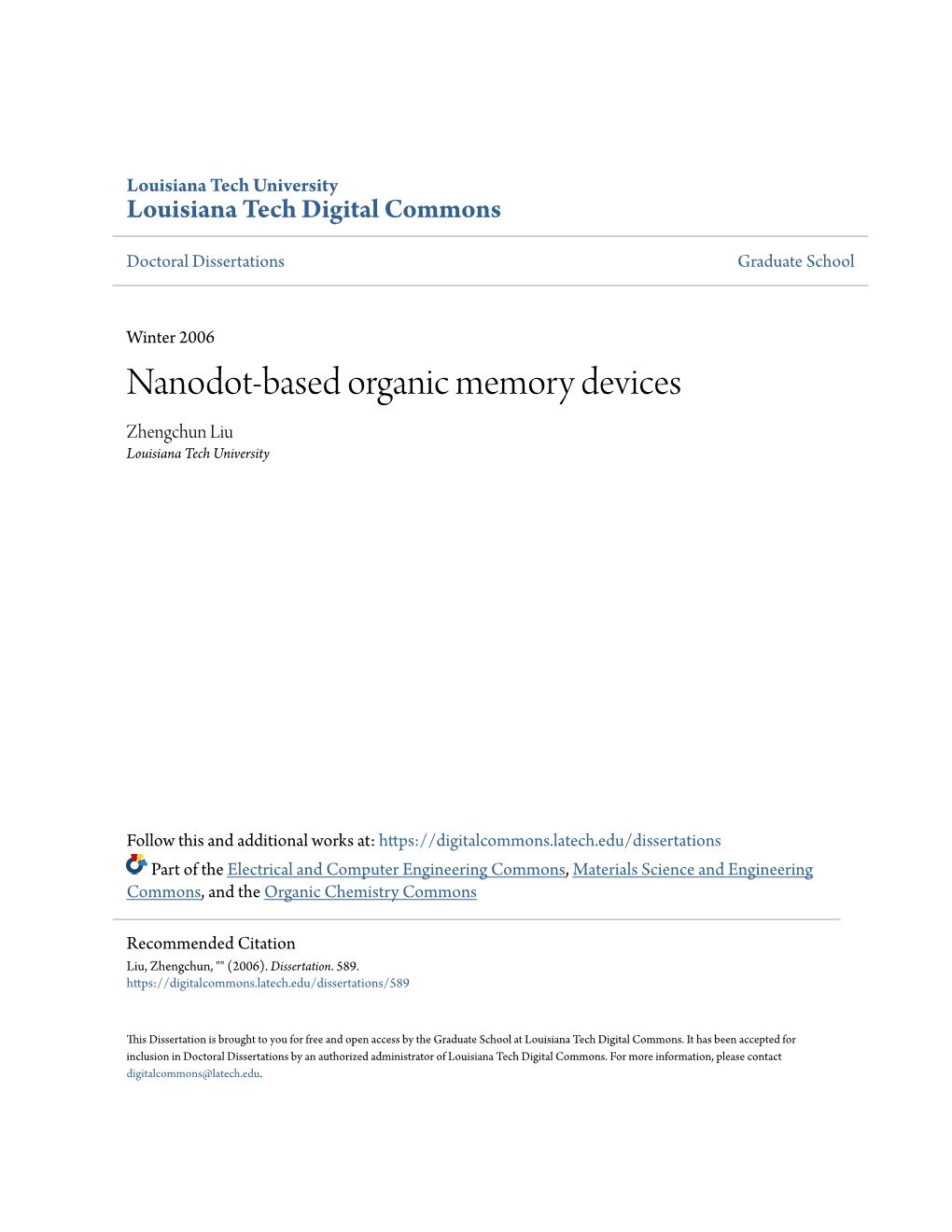 Nanodot-Based Organic Memory Devices Zhengchun Liu Louisiana Tech University