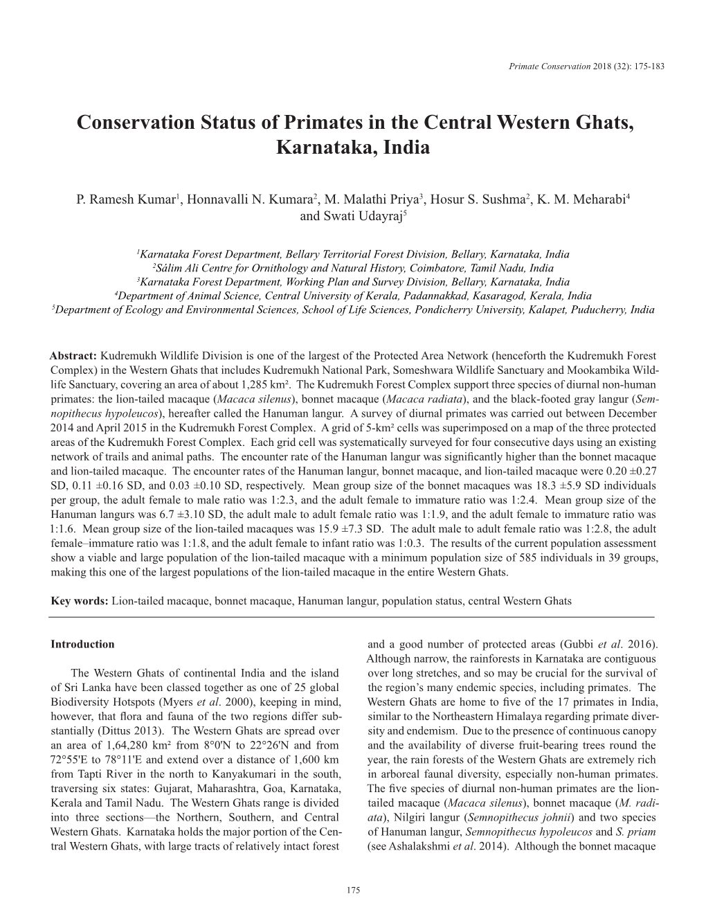 Conservation Status of Primates in the Central Western Ghats, Karnataka, India