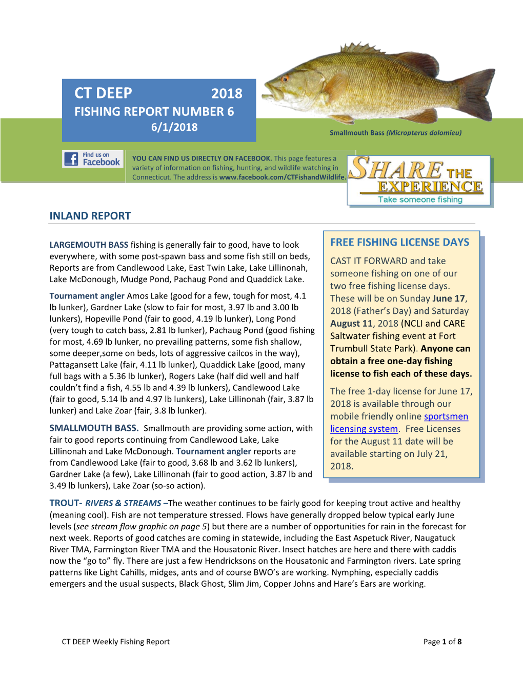 CT DEEP 2018 FISHING REPORT NUMBER 6 Channel Catfish (Ictalurus Punctatus) 6/1/2018 Smallmouth Bass (Micropterus Dolomieu)