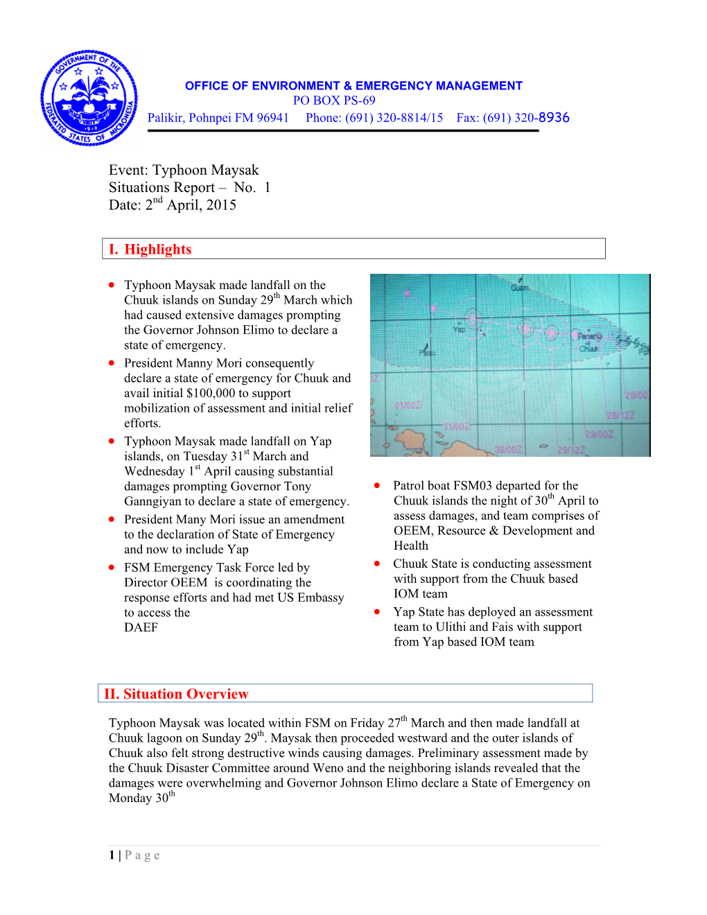 Event: Typhoon Maysak Situations Report – No. 1 Date: 2 April, 2015 I