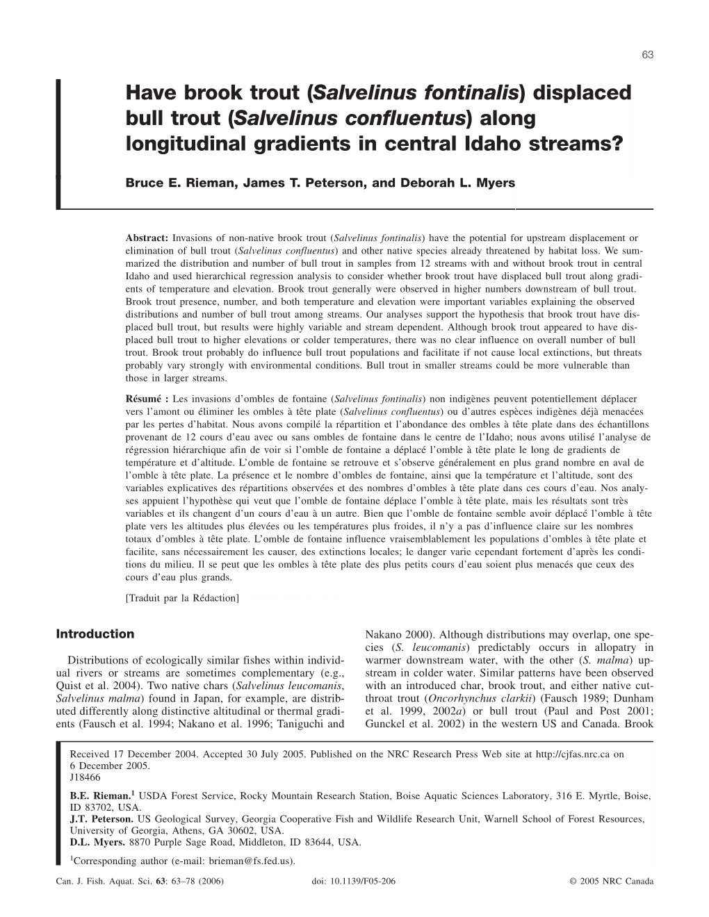 Have Brook Trout (Salvelinus Fontinalis) Displaced Bull Trout (Salvelinus Confluentus) Along Longitudinal Gradients in Central Idaho Streams?