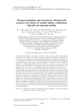 Nitrogen Metabolism and Excretion in Allenbatrachus Grunniens (L): Effects of Variable Salinity, Confinement, High Ph and Ammonia Loading