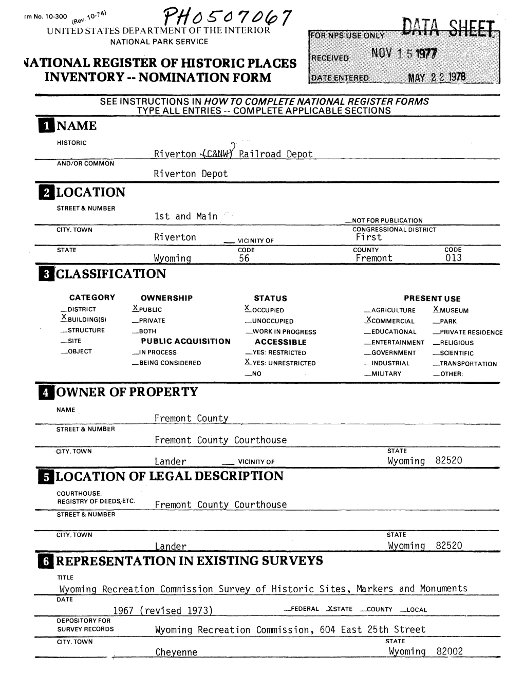 Riverton Railroad Depot National Register Form Size