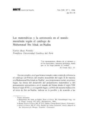 Las Matemáticas Y La Astronomía En El Mundo Musulmán Según El Catálogo De Muhammad Lbn Ishak An-Nad1m