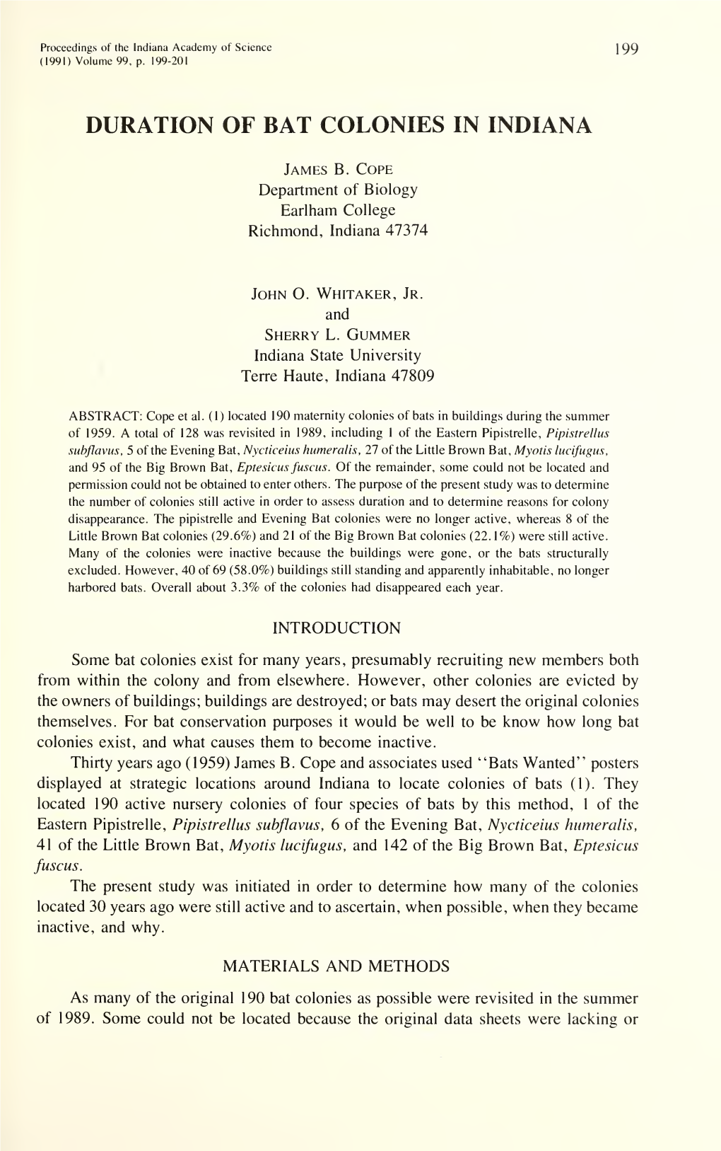 Proceedings of the Indiana Academy of Science \ 99 (1991) Volume 99, P