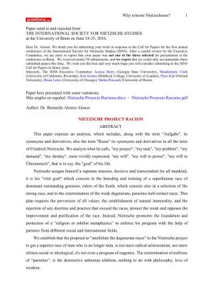 Why Tolerate Nietzscheans? 1 Paper Send to and Rejected from THE