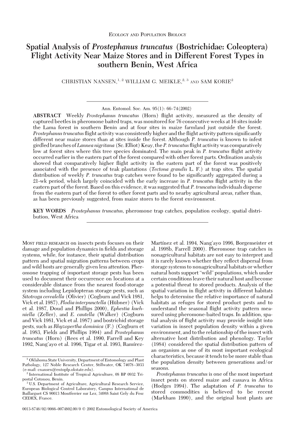 Spatial Analysis of Prostephanus Truncatus (Bostrichidae: Coleoptera) Flight Activity Near Maize Stores and in Different Forest Types in Southern Benin, West Africa